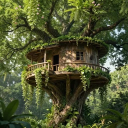 A massive treehouse coming out of tangled branches, overgrown with lush plants, rich vines and verdant flowers, trending on Artstation, digital art, illustration, detailed, intricate details, immaculate scale, epic lighting, cinematic composition, concept art, environment