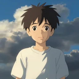 Boy slighty smiling, dramatic clouds, made by Makoto Shinkai, Accent lighting, front lit, highly detailed art, beautiful scene, sharp focus, smooth, 8k, artgerm