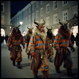 kodak portra 4 0 0, award winning dynamic photograph of a bunch of krampus by robert capas, in muted colours, striped orange and teal, motion blur, on a street in salzburg at night