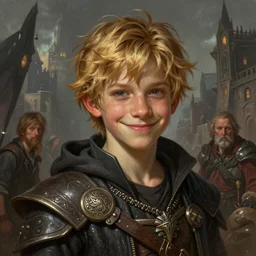 portrait of a young boy fantasy thief in the slums of a fantasy city, dirty blonde hair, d & d, fantasy, joyful smirk, intricate, elegant, highly detailed, digital painting, artstation, concept art, matte, sharp focus, illustration, art by artgerm and greg rutkowski and alphonse mucha