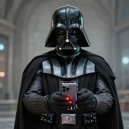 Darth Vader using a smartphone, realistic