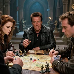 film still dnd, schwarzenegger, beckinsale, theron, lawther sit at table playing dnd, dices map book miniatures, finely detailed features, closeup at the faces, perfect art, at an ancient city, gapmoe yandere grimdark, trending on pixiv fanbox
