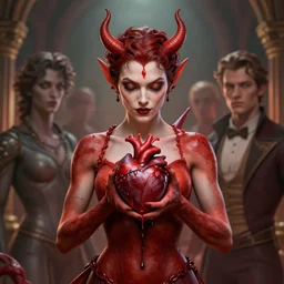 the elegant devil holding a heart dripping blood, very detailed by style of gerald brom and wayne barlowe and tyler edlin, digital art, trending on artstation, unreal engine 5 rendered, 8 k, vray lights