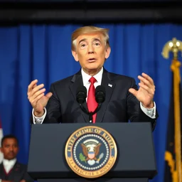 one president that looks like a marionette in a podium giving a press conference