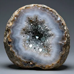 a massive boulder geode cut in half, filled with many small intricate reflective sharp glass shards, hyper realism, studio photography, photorealistic render, caustics, soft lighting, cinematic shot, highly detailed
