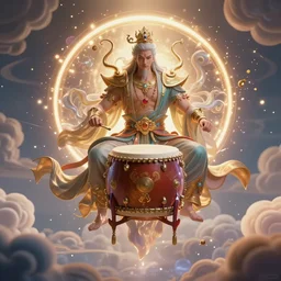 a beautiful male human god of drums character, character is in all its glory, character is centered on the image, character is flying, rim lights, magic in the air, fancy clouds, highly detailed professional photo, dynamic lights, particles are flying, depth of field, trending on artstation, illustration, hyper realistic, vray caustics, super detailed, colorful accents, cinematic shot