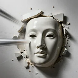 ceramic face sculpture smashing against a wall, high speed photography, fast shutter, dramatic lighting, sharp focus