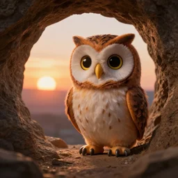 a doll of an owl in a cave with a sunset, professional photo, professional lighting, HDR, trending on artstation