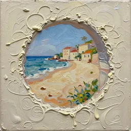 palette knife painting of a close up of a three - dimensional thick impasto oil painting of a beautiful italian beach scene, seen through complex globular texture, lots of thick encrusted paint, vast amounts of wax - like lines of dripping oil paint cover nearly everything, painted by disney and pixar, background thick encrusted paint