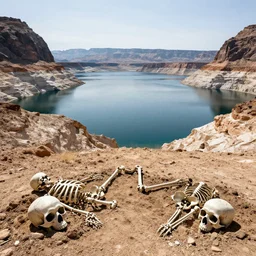 photo of empty Lake Mead with human skeletons and skulls partially buried in the ground