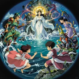An epic fantastic atmospheric comic book style painting of a  ancient godnesses battling over the sea, fisheye lens,   Makoto Shinkai, Ghibli, atmospheric, concept art, saturation 8，DAZ, dynamic lighting