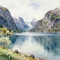 a watercolor painting of a serene fjord in spring