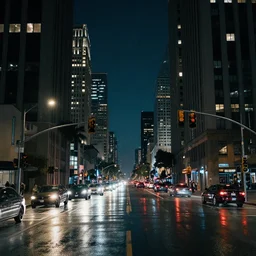 street race in la at night, traffic lights, high buildings, architecture, cars, reflections, cinematic, jeremy mann, craig mullins, greg rutkowski, artstation