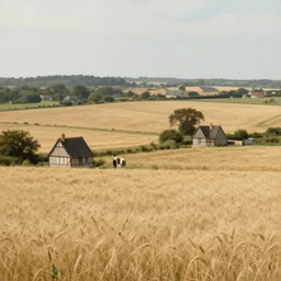 artwork of the cinematic view of normandy with a couple of scattered small half - timbered houses in vast wheat fields by hieronymus bosch, landscape view, depth of field, trending on artstation, background, nature