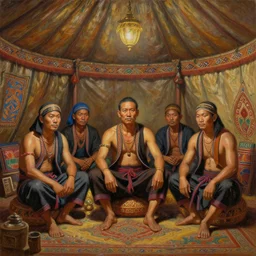 portrait of smart tai warlords sit in khmer ethnic group traditional tent, khmer interior decoration, oil painting, fantasy, detailed and intricate environment
