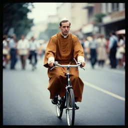 a lomographic photo of a priest on bicycle, year 1 9 7 0, cinestill, bokeh, perfect light, high details, symetry, perfect high quality