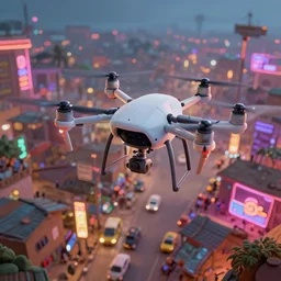 3 d vfx - caricature - art of drones over a bustling - neon lit - ajegunle slum in nigeria, unreal engine render, digital illustration, illustration style by mike winkelmann, sharp, intricate detail, volumetric light, ray tracing, soft light, colourful, claymation, drone view, fish eye lens, acrylic, cinestill 8 0 0 t,