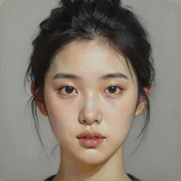 portrait of a very very beautiful woman, square-faced, sand-colored skin, harried bun of black hair, korean, soft details, dark brown eyes, matte painting oil on canvas by mark arian by artgerm, trending on artstation, 4k, 8k, HD