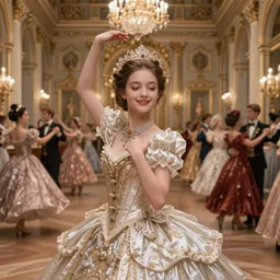 masterpiece hyper detailed portrait charming and miracle of gorgeous girl at a royal dance. in the background is a large, luxurious royal hall with many people dancing. art by artgerm, greg rutkowski, sasoura, satchely. by bastien - lepage. andrei riabovitchev, marc simonetti, yoshitaka amano. background by james jean