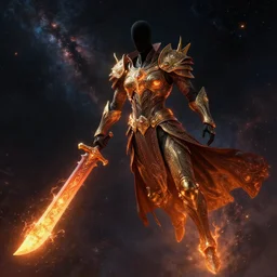 headless rider with a lava blade travel around the space, sci fi, intricate, elegant, glowing lights, highly detailed, digital painting, greg rutkowski, great space, 8 k, very high resolution, astrophotography, processing, extremely hyperdetailed