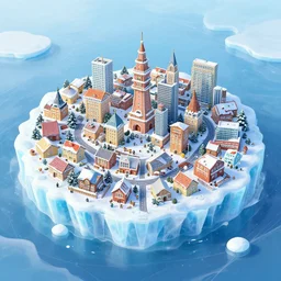 on an island made out of ice with a city on it is very detailed and cute city