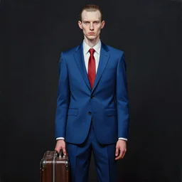 skinny pale man with short hair combed backwards, wearing a blue suit and a red tie, holding a suitcase in one hand. dark background, rim lighting. symmetric, realistic painting
