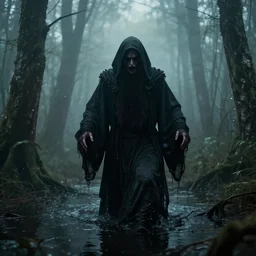 photo of a mystical figure in occult robes sneaking through a swamp in the fog, cinematic lighting, highly detailed, horror, epic