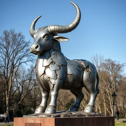 sculpture of 🐄 made of iron waste, detailed