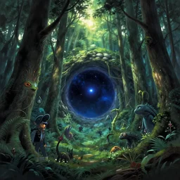 intergalactic stargate portal in the middle of a dense forest, with light shining through the trees and strange creatures lurking in the shadows by hiroshi nagai and jeffrey catherine jones