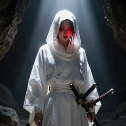 samarai cloaked in white with swords, standing in light beam of a dark cave, ruby red sorrow, high quality, ultra detail