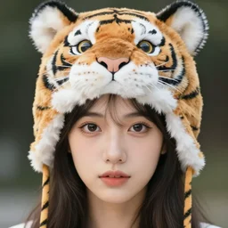 a beautiful girl, wearing a tiger head hat, hyper realistic, hyper detailed, in the design of eliot kohek