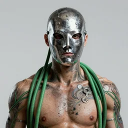 man wearing a metal mask with thin green tubes all over his body hyperdetailed, realistic, high - resolution illustration that slightly looks like a comic character