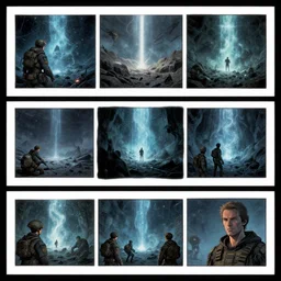 3 panel graphic novel layout creative layouts the cryogenic tears of hyperspace loneliness small unit tactics photorealistic graphic novel layout by michael komarck, greg rutkowski, victo ngai, artgerm, willem claesz heda and j. dickenson roger deakins