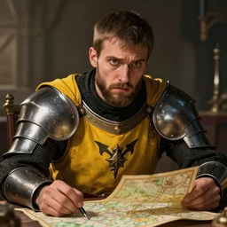 Closeup of frustrated male medieval sergeant with a {short} beard wearing a {black!!!! and yellow tabard} over a steel breastplate and a black gambeson looking up from a map on a table, intricate, dramatic lighting illustration by Greg Rutkowski, {perfect face}, {perfect eyes}, ArtStation, digital art, fantasy