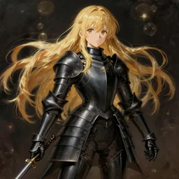 baroque oil painting japanese light novel cover illustration anime key visual full body action shot | young girl wearing fitted black military crusader armour with long flowing blonde hair | perfect face fine detail | lotr gapmoe kuudere moody lighting bokeh stunning highlights sharp contrast | trending pixiv fanbox | by greg rutkowski makoto shinkai takashi takeuchi studio ghibli