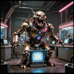 movie still 35mm film photograph a screaming and angry dangerous shape mechanical creature, with multiple wires, glowing TV monitors lower torso inside of a 1970s science lab, neon lights, dirty, ektachrome photograph, volumetric lighting, f8 aperture, cinematic Eastman 5384 film