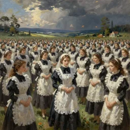 thousands of clones of a Victorian maid, dystopia, fantasy, trending on art station, oil painting, concept art