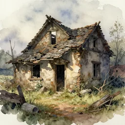 watercolor painting of rivendell, dilapidated, run down, trashy ambient lighting and shadows