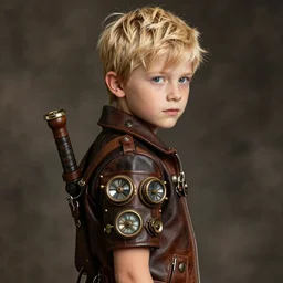 a blonde boy thief in leathers with a steampunk armband in the style of krenz cushart