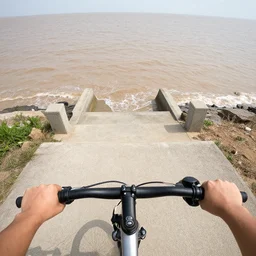 You bicycling on a concrete path entering the murky ocean:POV+ultra hyperrealistic+detailed+high quality+ photorealistic+photography+HD+