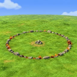 empty grass field with a small stone circle in the center, burn marks on the ground around the circle, at midday, from a point and click 2 d graphic adventure game, art inspired by thomas kinkade, king's quest, sierra entertainment games
