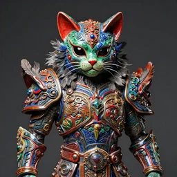 hyper ultra 4 k photo of a bizarre metal colorful armor warrior cat green red blue black glowing eyes mask made of ceramic clay feather trim intricately spectacular magnificently story carved by a master engraver by h. r. giger