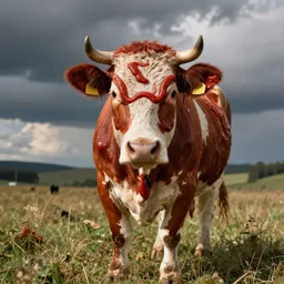 a cow covered in tomato ketchup