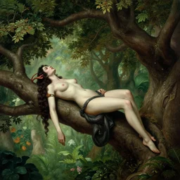 a beautiful female satan lying on a branch of a great tree in the garden of eden. artstation, intricate details, hyper details, by gaston bussiere and sandro botticelli