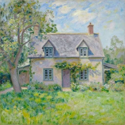 A painting of a beautiful cottage, with a lush grass lawn, featuring a tree in the style of Monet