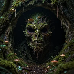 cave in forest,, a face from the shadow, horror photograph of a fantasy creature made out of nature and fungus, intricate, hyperrealism, sharp focus, cinematography, highly detailed, octane render, horror cgi 4 k, matte, photograph by professional photographer