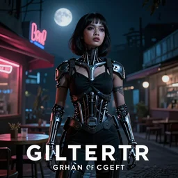 An dramatic,  iconic poster of an young Indonesian woman as the Terminator, outside an neon-lit cafe at night, with the moon out, detailed, ominous