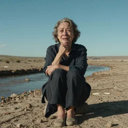 65-year-old Gaia crying one single tear, facing the camera and sitting on a dried up river in a desolate land, blue sky, hot and sunny, highly-detailed, elegant, dramatic lighting, artstation, 4k, cinematic landscape, photograph by Elisabeth Gadd