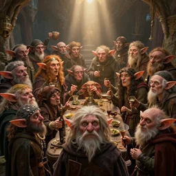 highly detailed closeup group portrait of medieval goblins having a party, stephen bliss, unreal engine, greg rutkowski, ilya kuvshinov, ross draws, hyung tae and frank frazetta, tom bagshaw, tom whalen, nicoletta ceccoli, mark ryden, earl norem, global illumination, god rays, detailed and intricate environment