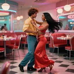 akuma and kitana slow dancing together in 1 9 5 0's diner lofi hiphop style by randy vargas